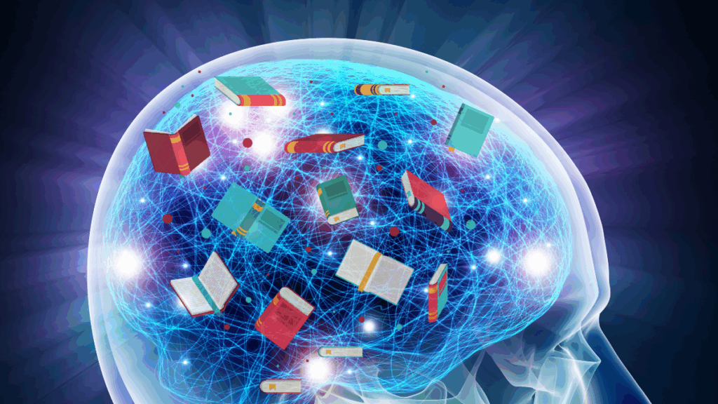 benefits of reading include getting smarter. A brain with books in it