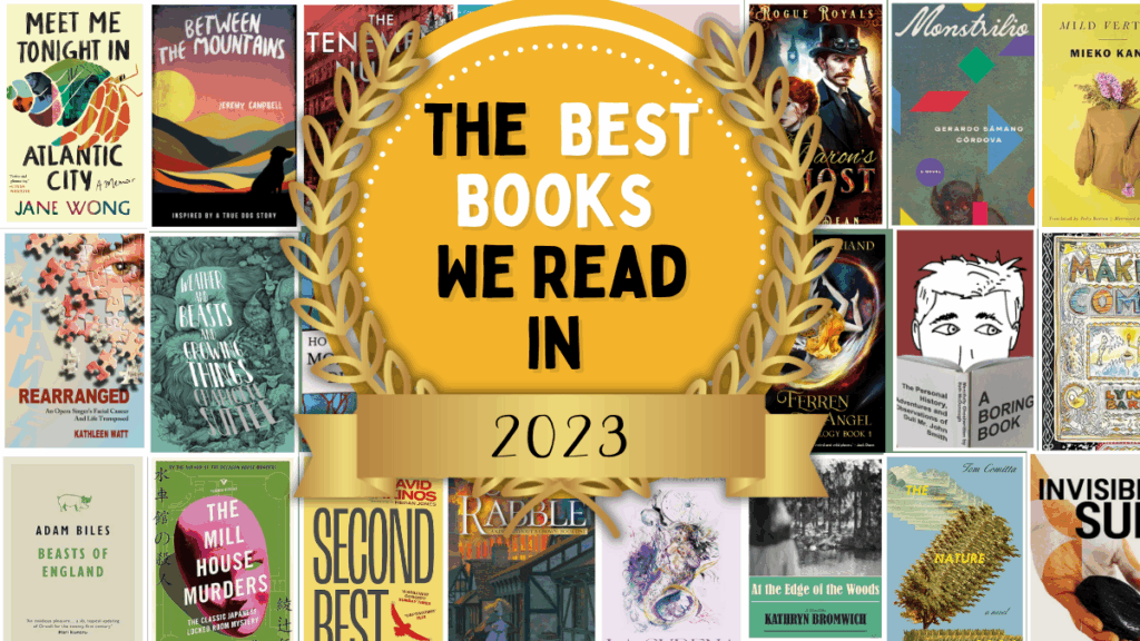 featured photo including many book covers with the words The Best Books We Read in 2023 in a gold circle